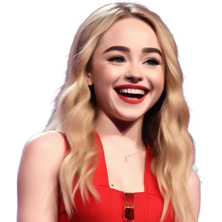 “Sabrina Carpenter in a red outfit, smiling confidently while performing on stage.” emoji