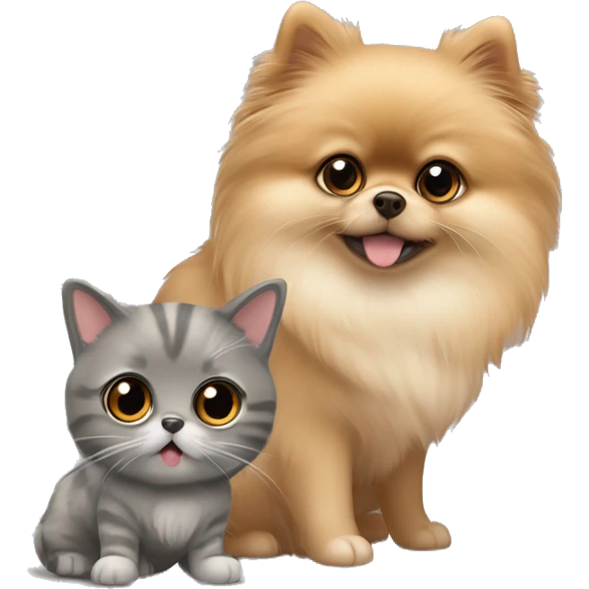 Super cute, big eyed pomeranian in tan with a grey tabby scottish fold cat emoji