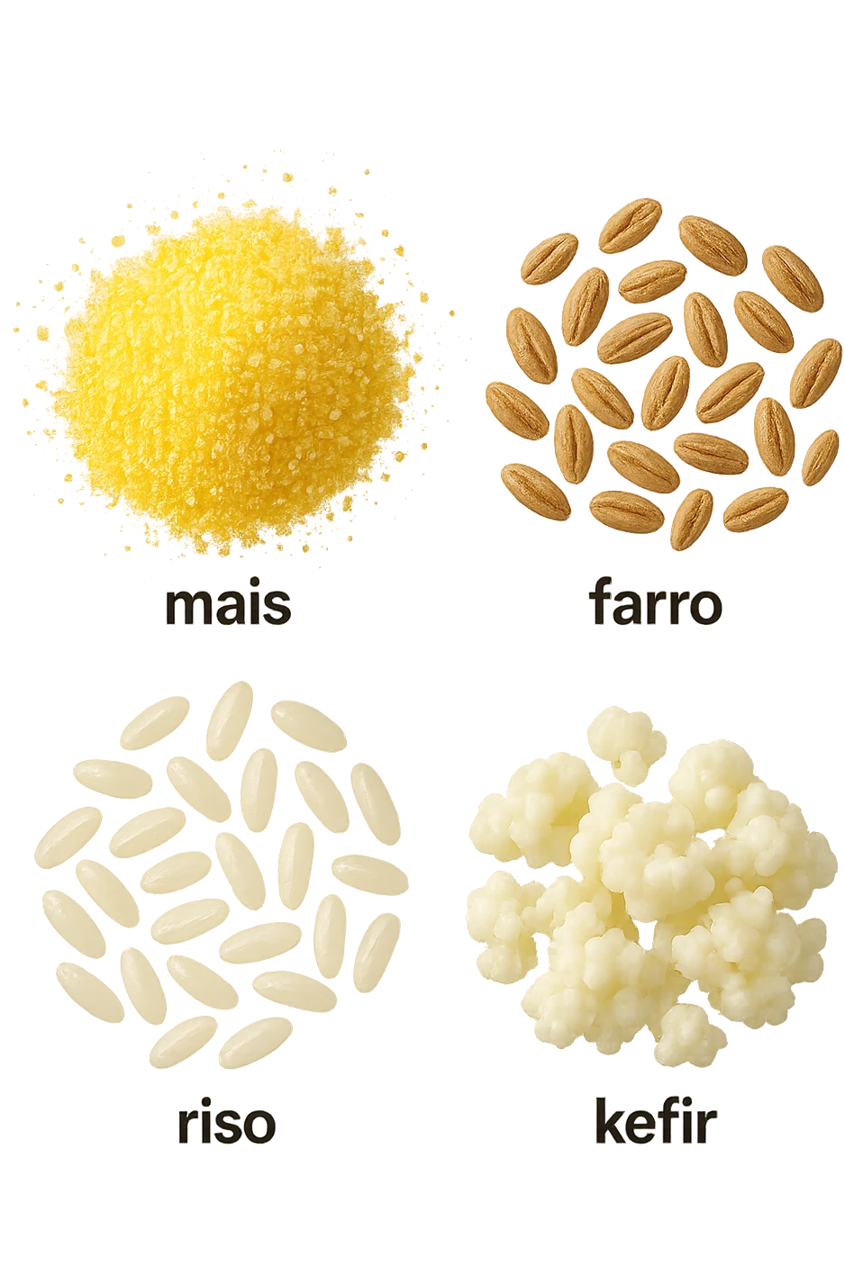 MAIS, FARRO, RISO, KEFIR FLUTTUANO IN ARIA, IPERREALISTICO 4K emoji
