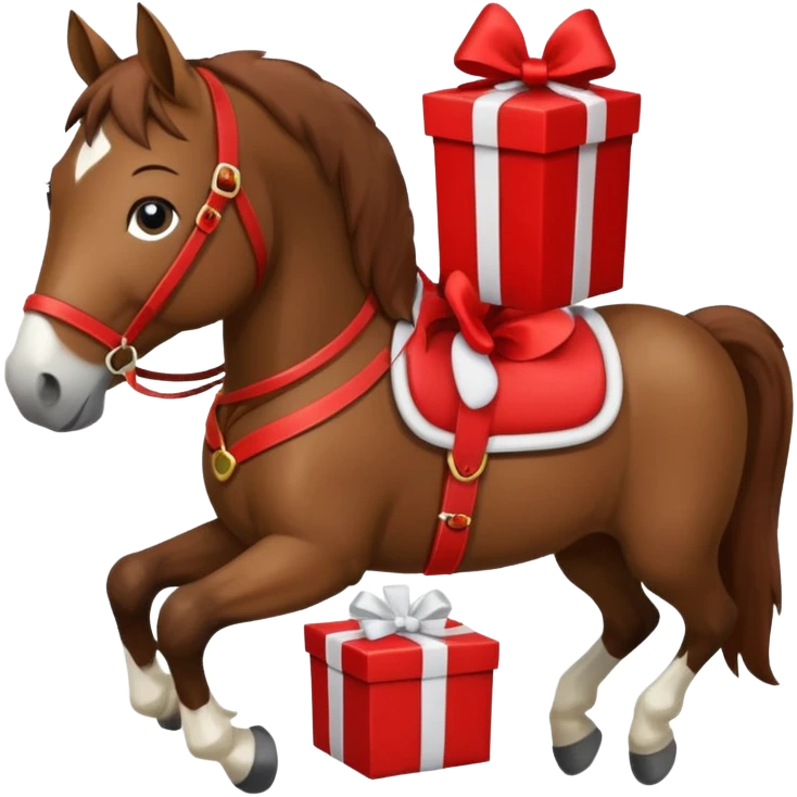 a New Year's horse with a red saddle, which has a red gift box with a white bow on the saddle emoji