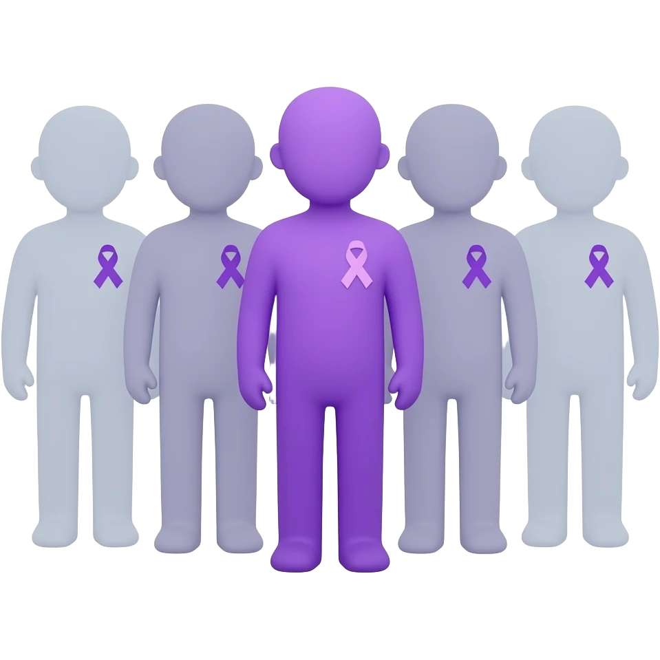 iOS-style emoji: group of human silhouettes taking a photo, each wearing a small purple ribbon for fibromyalgia awareness, with one silhouette fully purple standing out, soft gradients, cute and minimal, transparent background emoji