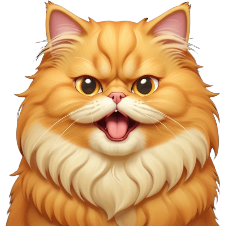 Cinematic Derpy Grumpy Comical Orange Persian Cat Portrait Emoji, Head tilted playfully with an adorably awkward yawning expression, fluffy orange fur with soft cream and golden undertones, Simplified yet hilariously derpy features, highly detailed, glowing with a warm but slightly confused glow, high shine, a mix of lazy and clueless, stylized with a touch of whimsy, bright but with a completely derpy and grumpy face, soft glowing outline, capturing the essence of a quirky yet chubby, grumpy kitty, so endearing it feels like it could stretch out of the screen and demand attention with its wonderfully derpy charm while yawning! emoji