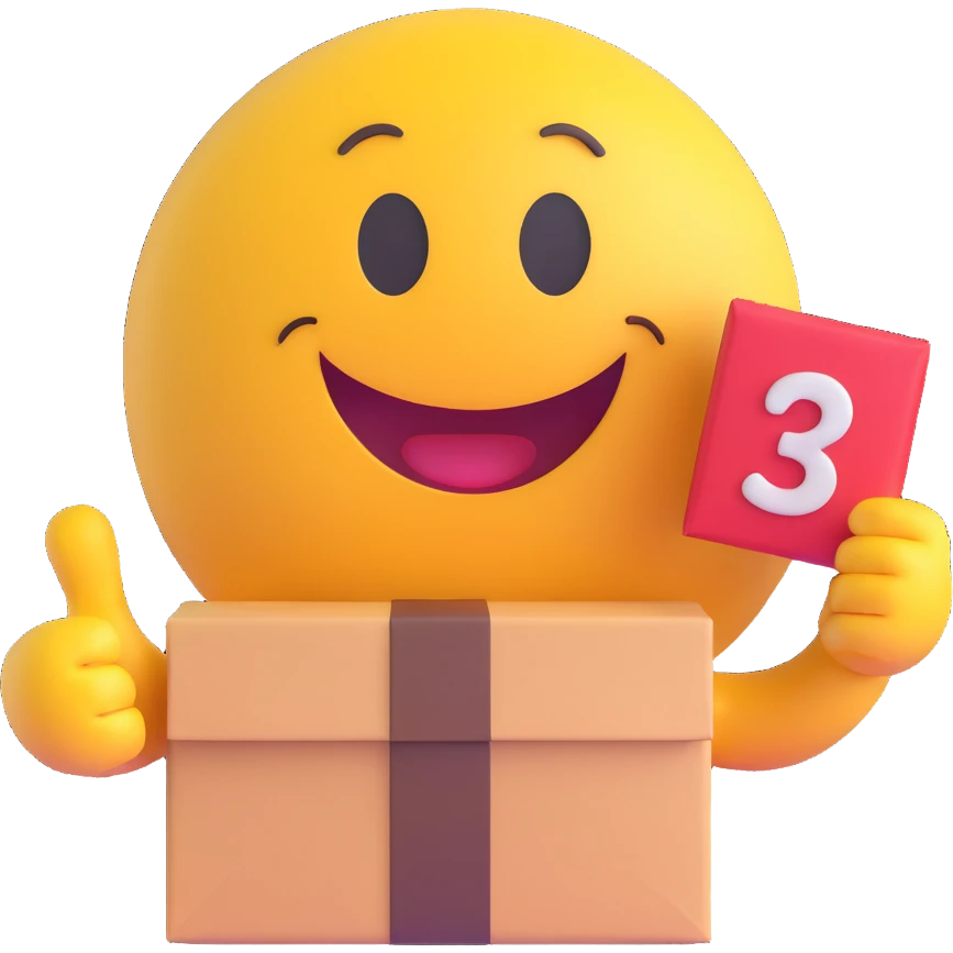 3D smiley emoji, round shape, youthful and cute courier: only two hands, one holding a package, the other waving, big smile, transparent background emoji
