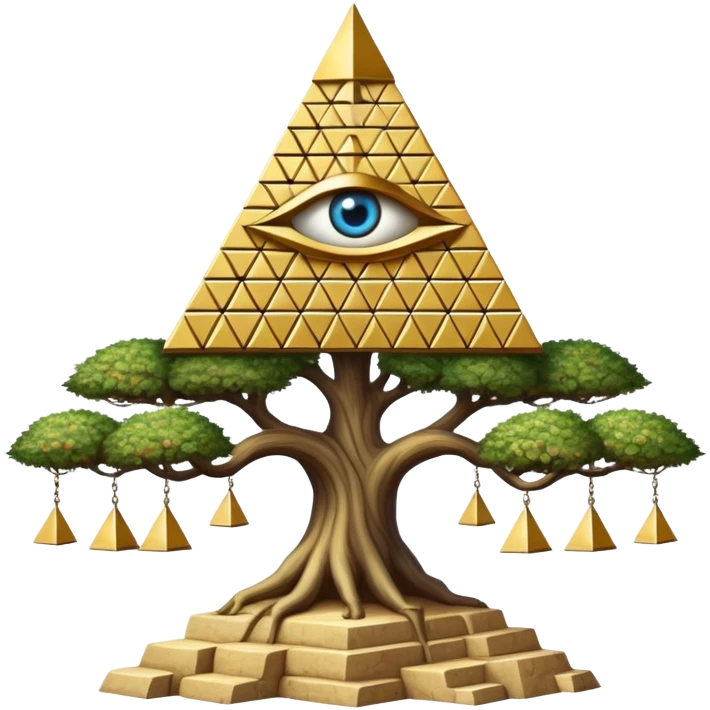 Annunaki tree from Garden of eden, that is actually a ancient tech antenna with illuminati all seeing eye in traingle symbol at the top and with little pyramids hanging like apples emoji