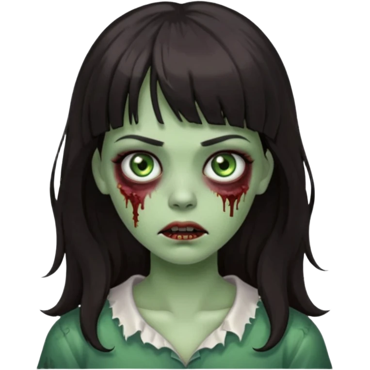 Zombie girl, with bangs above her eyebrows, her dark hair, thin eyebrows. Long hair and Wavy emoji