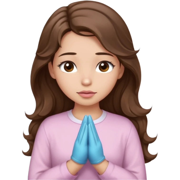 girl with wavy long brown hair, brown eyes, light to medium complexion, long lashes, light pink lipstick, praying, wearing light pink shirt emoji