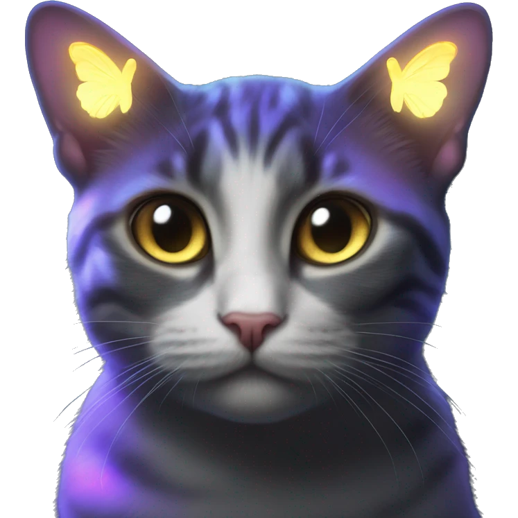 Dark iridescent butterfly glowing on top of cats head  emoji