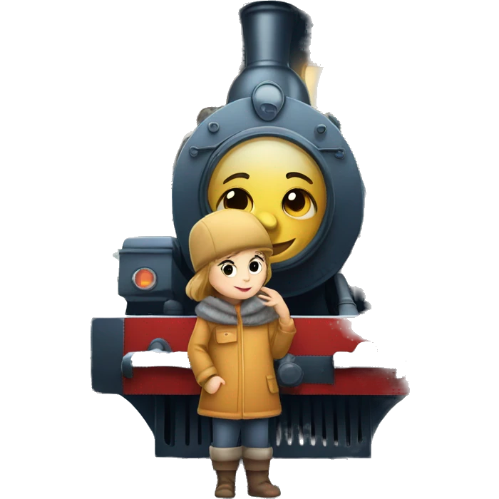 A small Russian child with a locomotive near the Christmas tree emoji