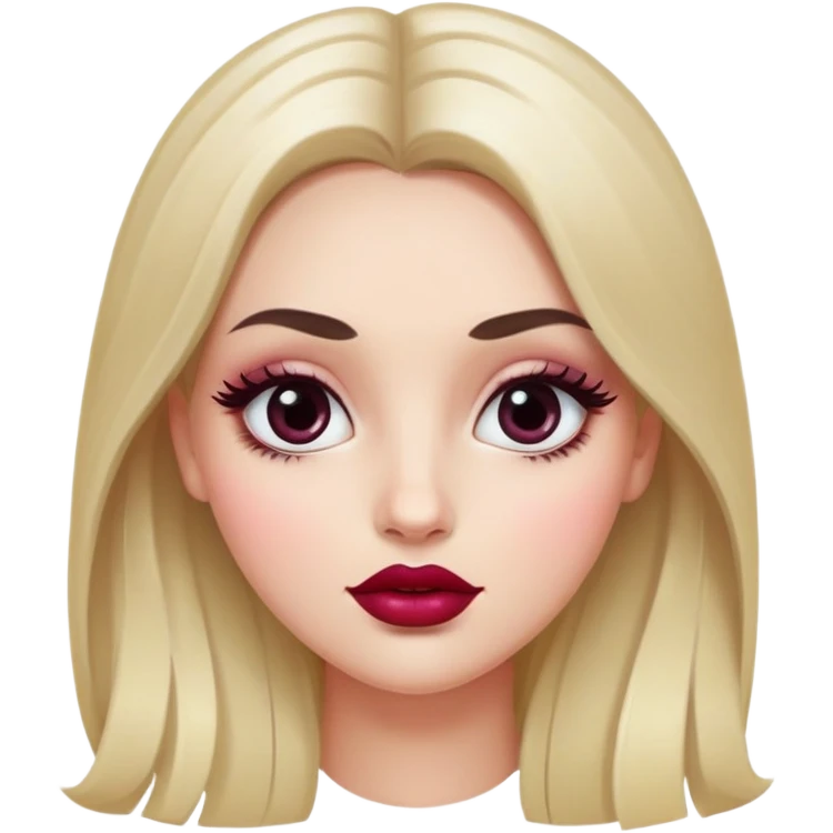 White girl with oval face, huge round black eyes, big eyelashes, berry colored lips, shiny full lips, face closeup, long straight middle-parted hair emoji