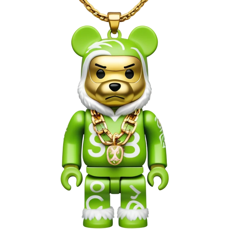 classic bearbrick figure with lime green mask covered in chaotic brand logos, wearing several large gold chains, gold pendant, rapper style accessories, expressive eyebrows emoji