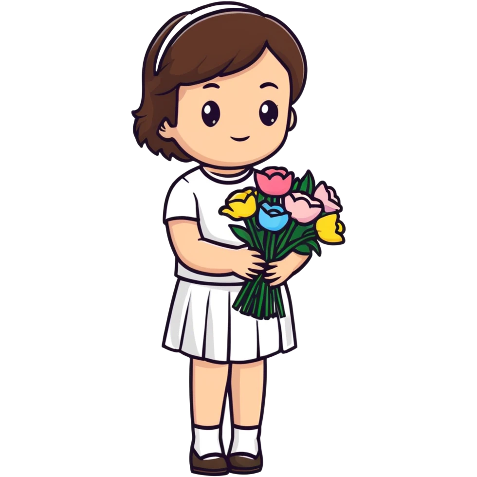 girl with brown hair wearing a white skirt holding a bouquet of flowers emoji