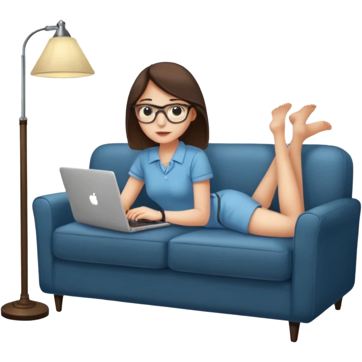 A girl is working with a laptop while lying on a sofa, with a floor lamp to the right. emoji