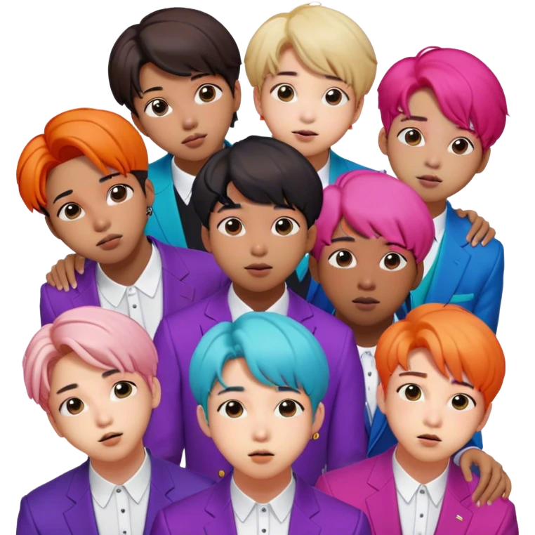 Cinematic Realistic group portrait of BTS featuring all 7 members in stylish modern attire, with detailed facial expressions and vibrant colors, captured in dynamic, contemporary lighting that emphasizes their global pop icon status emoji
