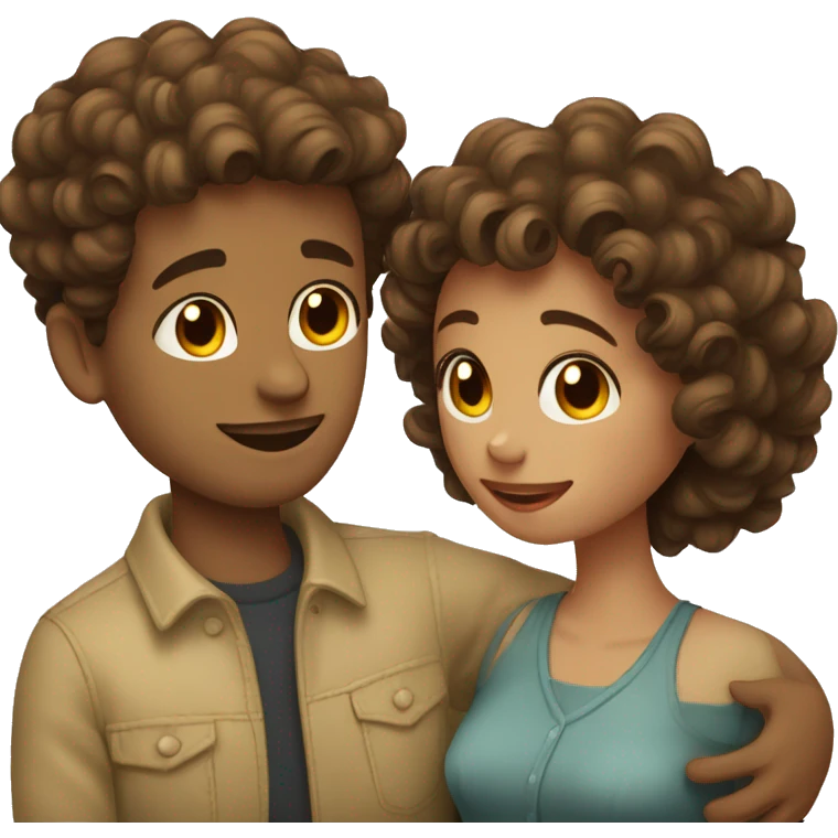 Curly girl with brown hair cuddling with her husband with straight vintage style hair cut and brown hair  emoji