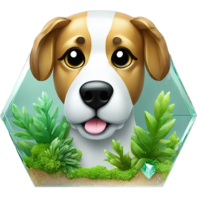 A dog made entirely of glass mirror crystals prisms glass transparent filled with plants as a terrarium emoji