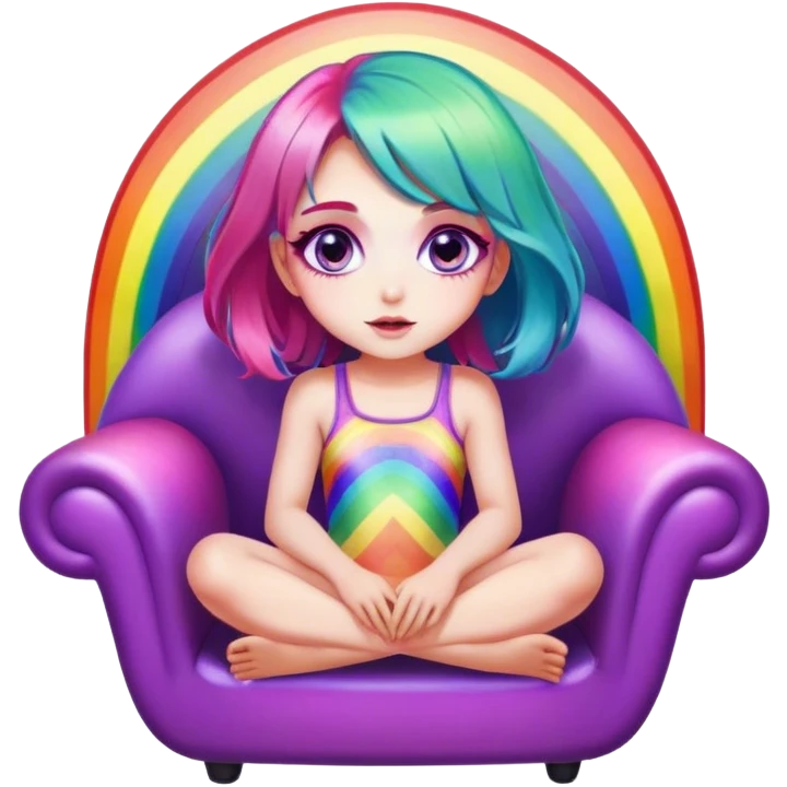 Psychedelic girl with large glistening eyes and rainbow colored hair sitting in a chair, ultra realistic facial details emoji