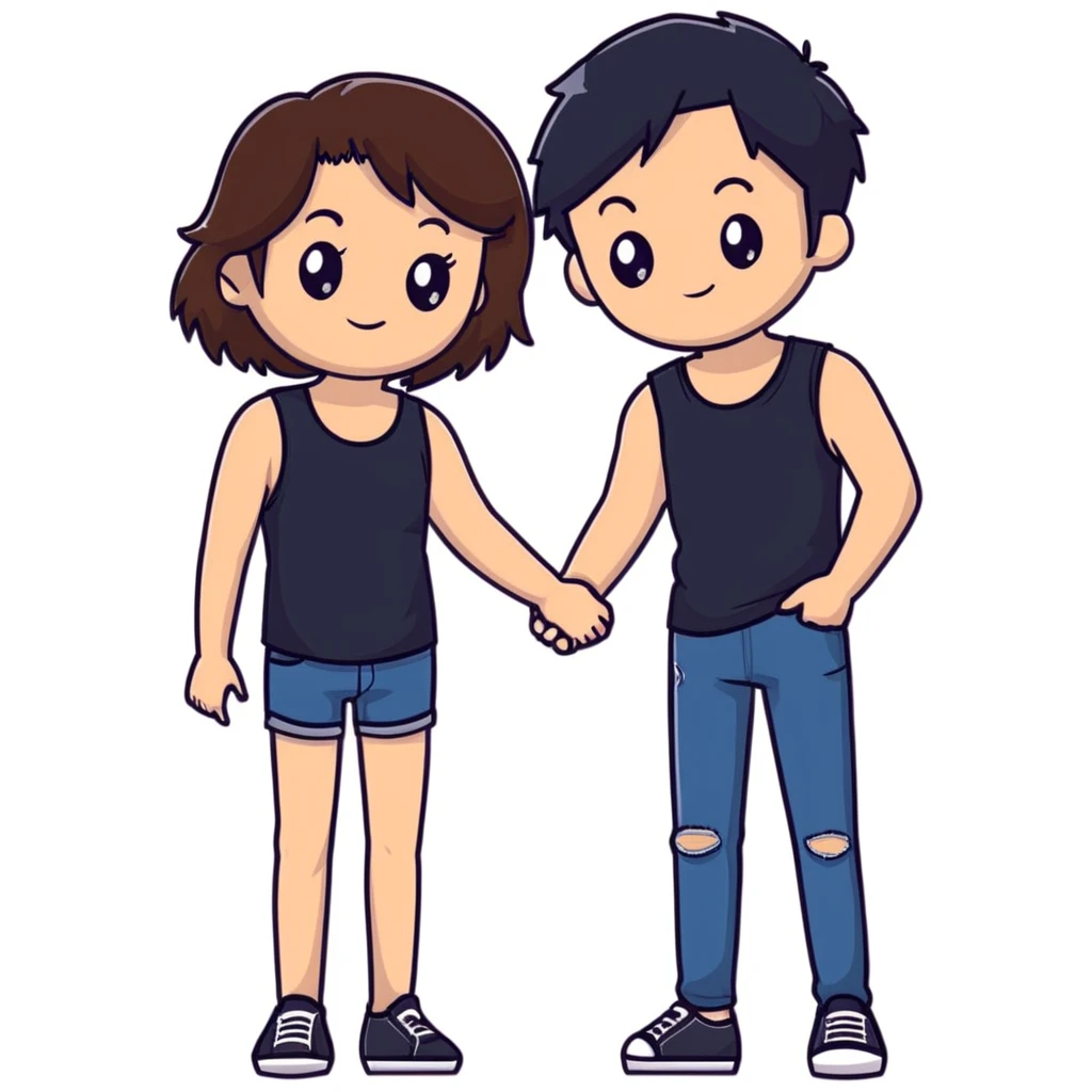 A girl with long brown hair holding the hand of a boy with short black hair, she wearing a black tank top with flared blue jeans, he wearing a black t-shirt with grey jeans, couple in love emoji
