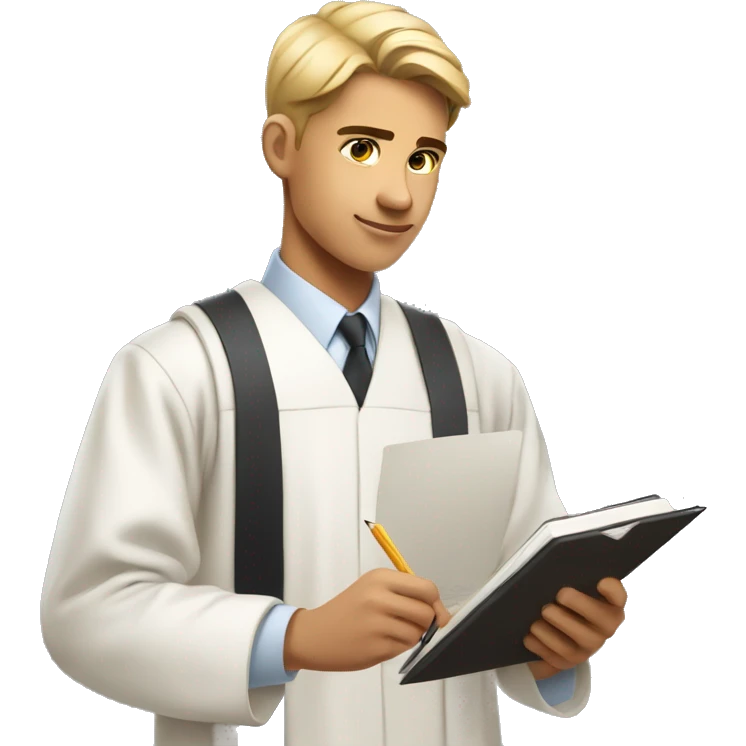 Young light tan college graduate male taking notes while looking up emoji