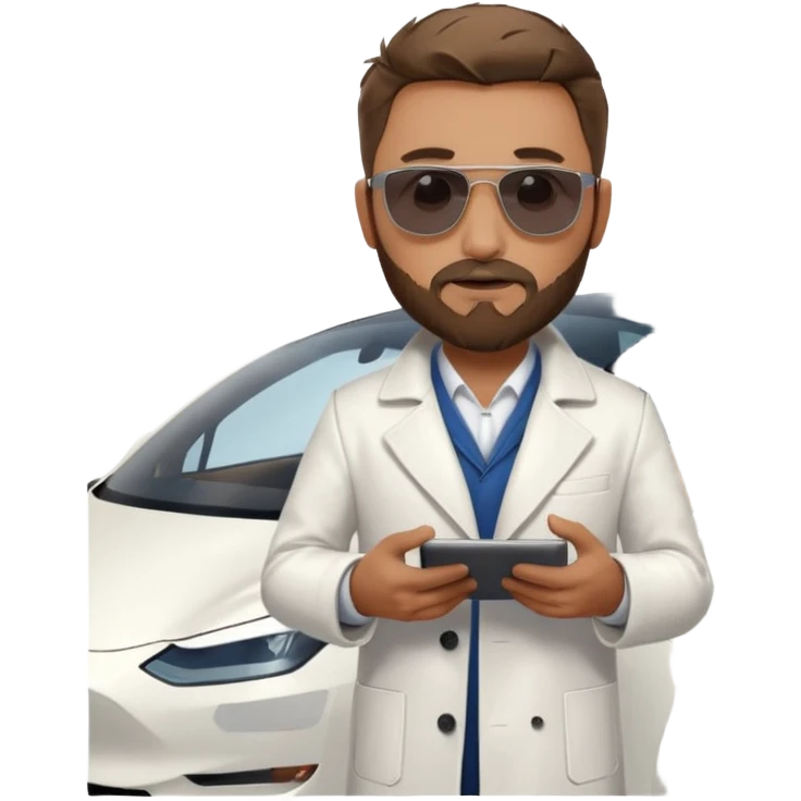 White tesla model 3 with one cool physician with dark blond hair, beard and dark sunglasses next to it emoji