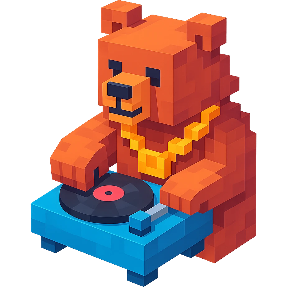 Russian grizzly bear with a rapper chain, scratching a DJ turntable emoji