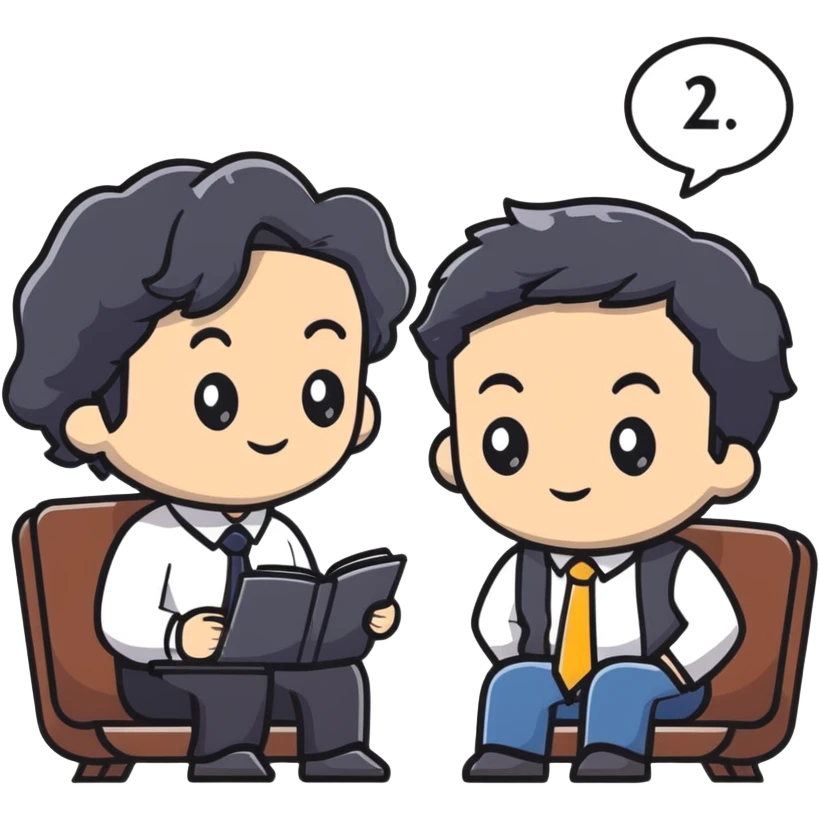 Management educator with black wavy hair, stubble, strong features, white skin, smart casual attire, sitting with a young professional, providing career guidance and mentorship, thoughtful listening expression emoji