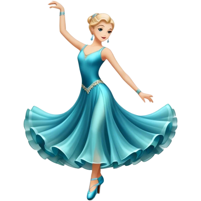 Icon for Ballroom Dance: elegant dance shoes, a flowing ballroom dress, and a dance floor with soft lighting. The icon should capture the grace, elegance, and style of ballroom dancing. Transparent background. emoji
