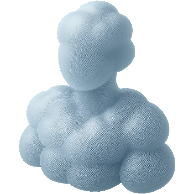 a human figure, upper body only, composed of puffy, three-dimensional white clouds, looking straight ahead, in matte glass style emoji