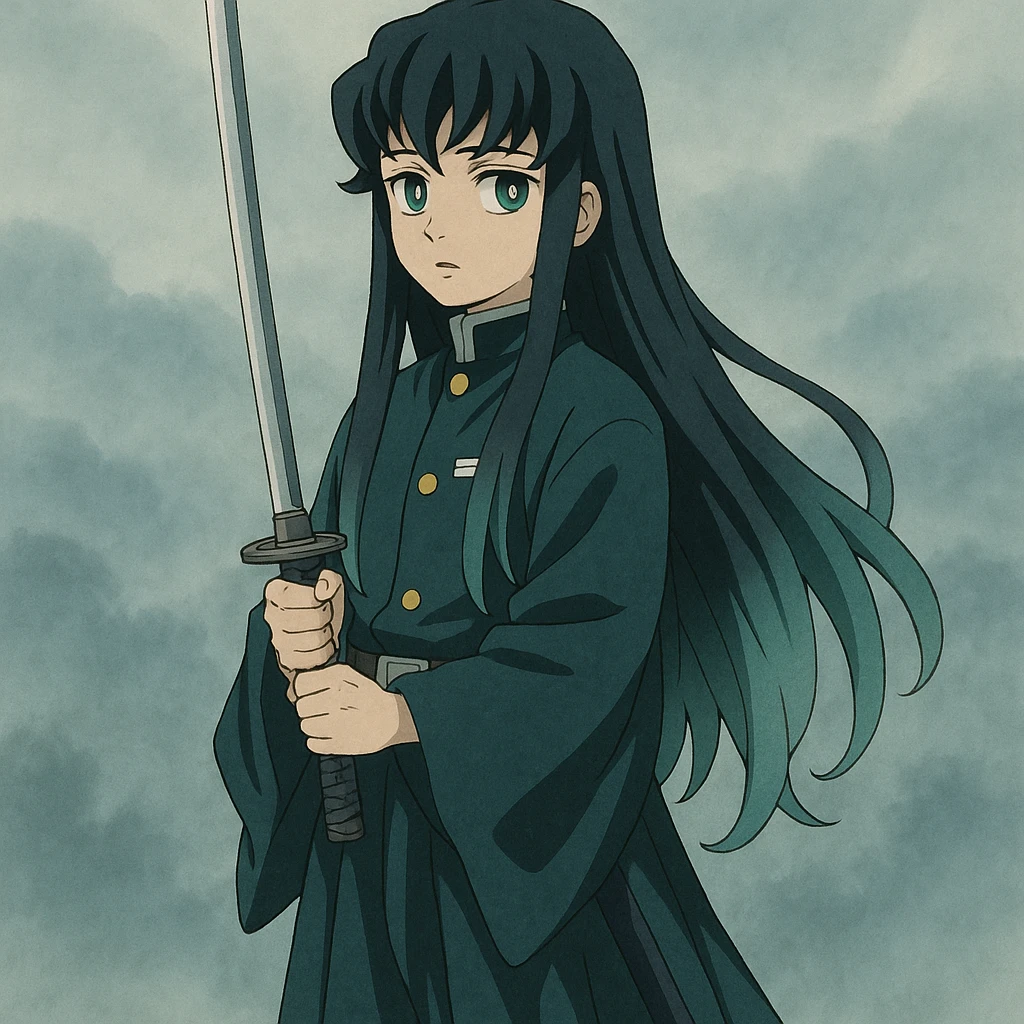 Muichiro Tokito from Demon Slayer, anime style, full body, holding a sword, misty background emoji