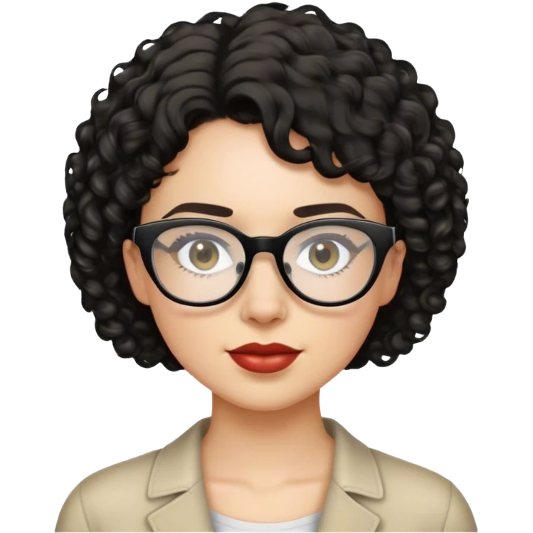 Mulher branca de cabelo curto preto cacheado e óculos transparente emoji