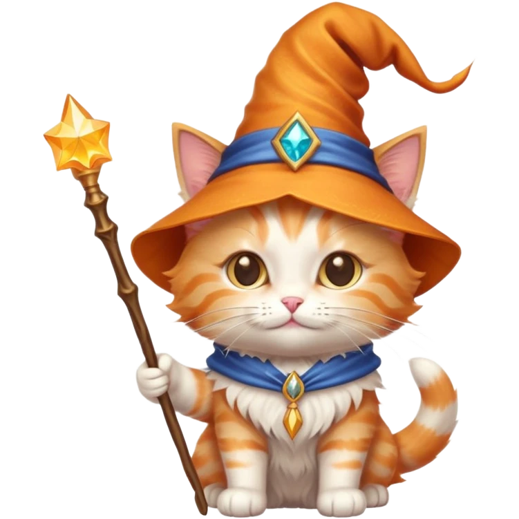 kitty wizard with magic wand and pointy hat emoji