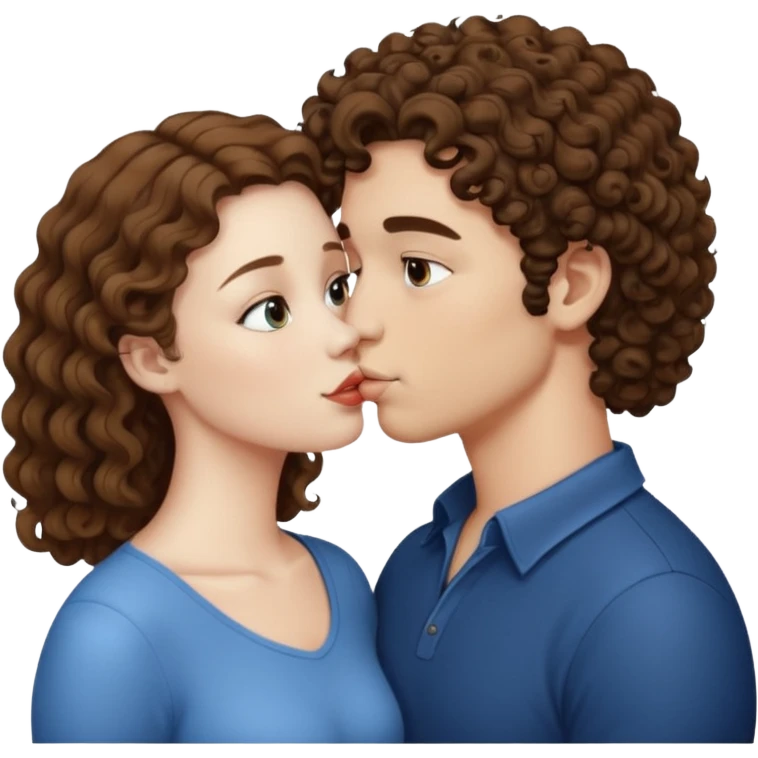 A couple kissing, the man would be white-skinned, short-curly, brown-haired. The serious woman with white skin, long hair and brown color emoji