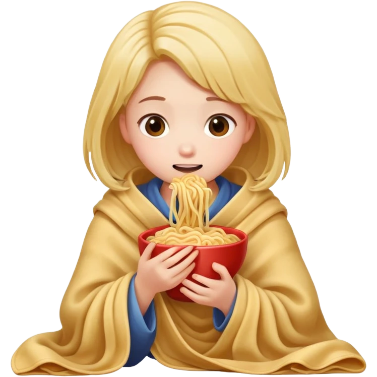 A girl eating noodles cuddled up in a blanket emoji