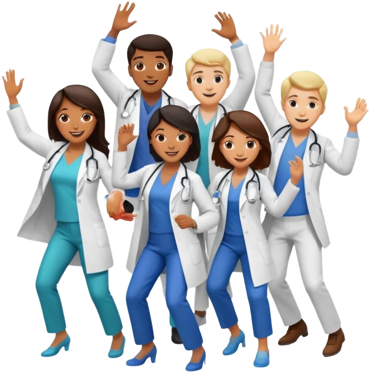 doctors in white coats of different ethnic background and both sexes dancing / doing cardio emoji