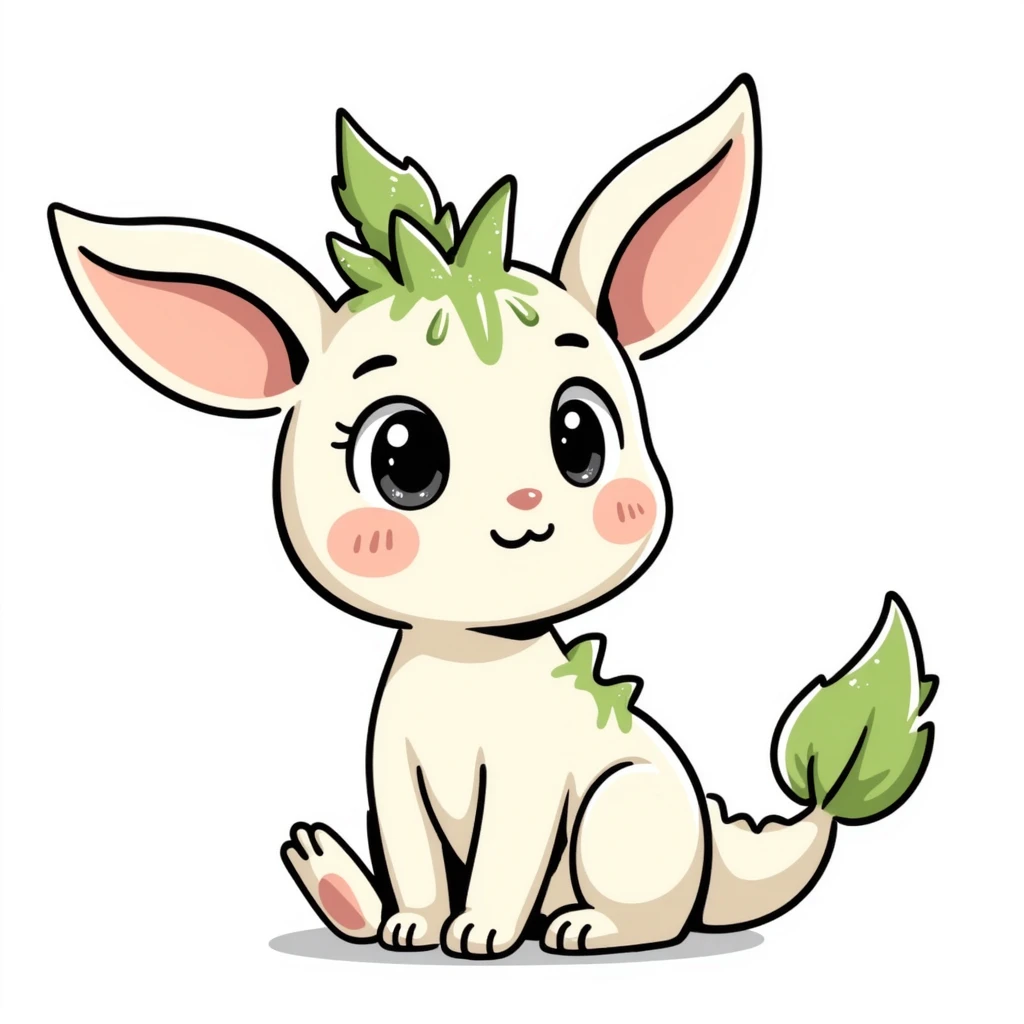 Kawaii bunny plant dragon with tiny spikes, extremely cute, giant sparkly eyes, blushing cheeks, pastel colors, small mouth, adorable expression, colored pencil texture, visible pencil strokes, soft blending, textured shading emoji