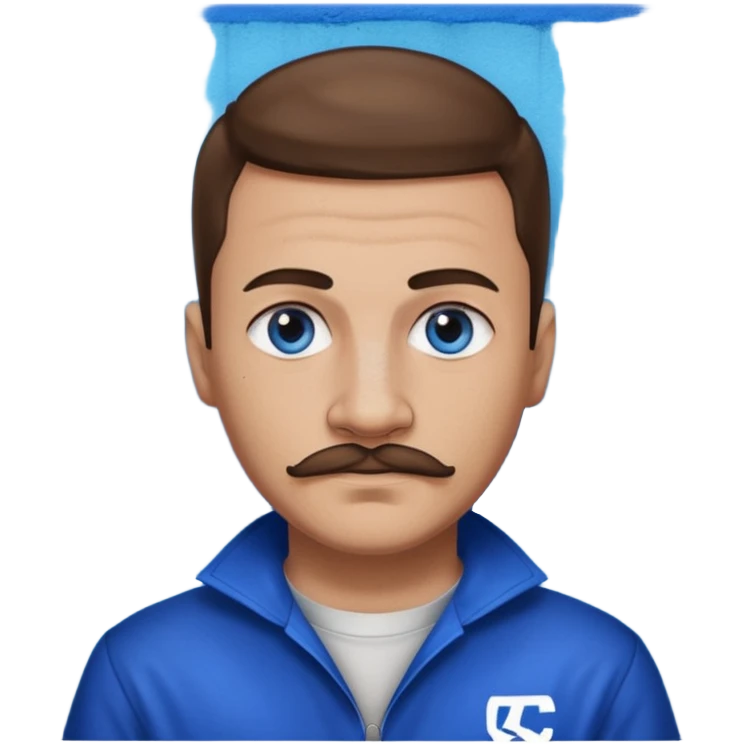 Graffiti from Lockdown with light skin, blue eyes, brown hair and thin mustache , cobalt blue inmate outfit  emoji