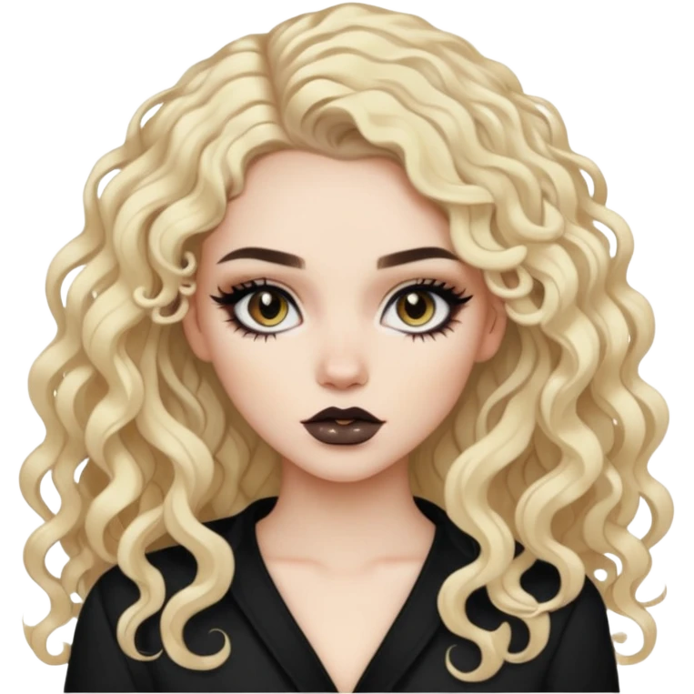 Pale split dye brunette/blonde, baddie, pretty makeup, black eyeliner, long and curly hair emoji