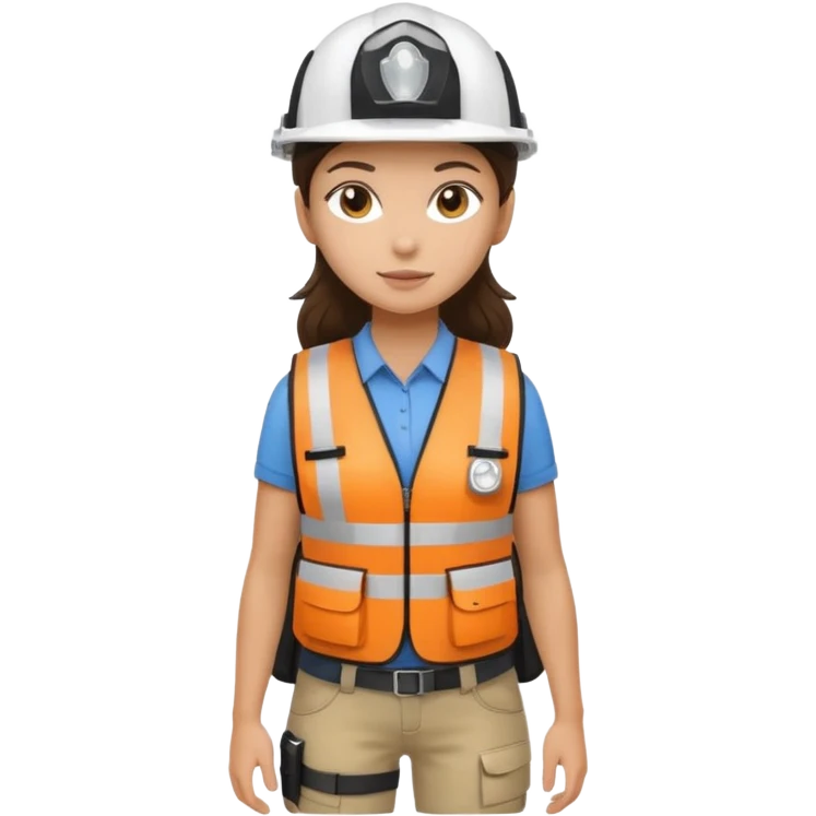 Brunette brown Girl full body standing with her white security helmet and security vest on, also with her black backpack emoji
