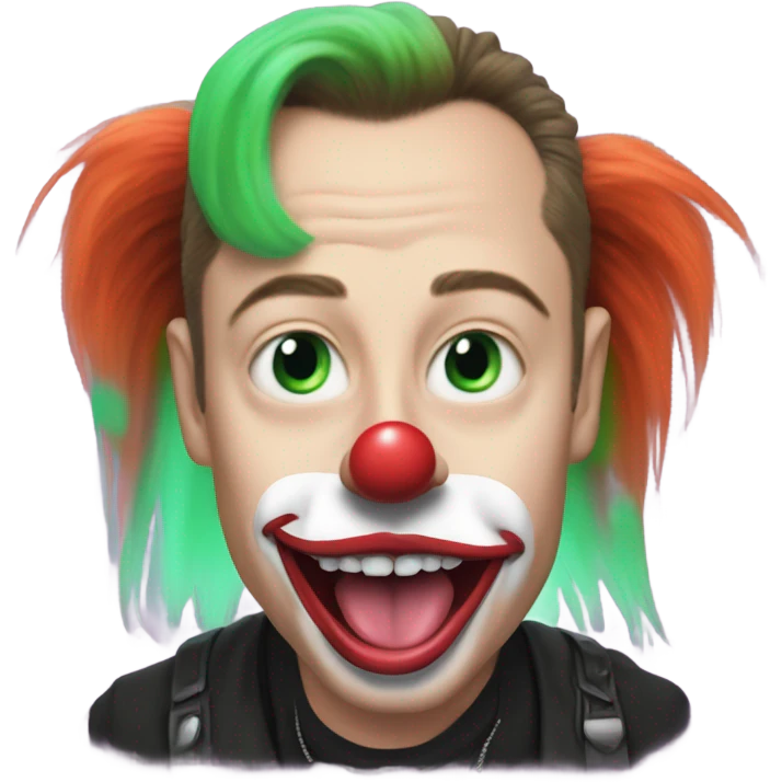 elon musk with a clown face and green nose with a dollar sign on it and puppy dog tongue and ears like an egirl emoji