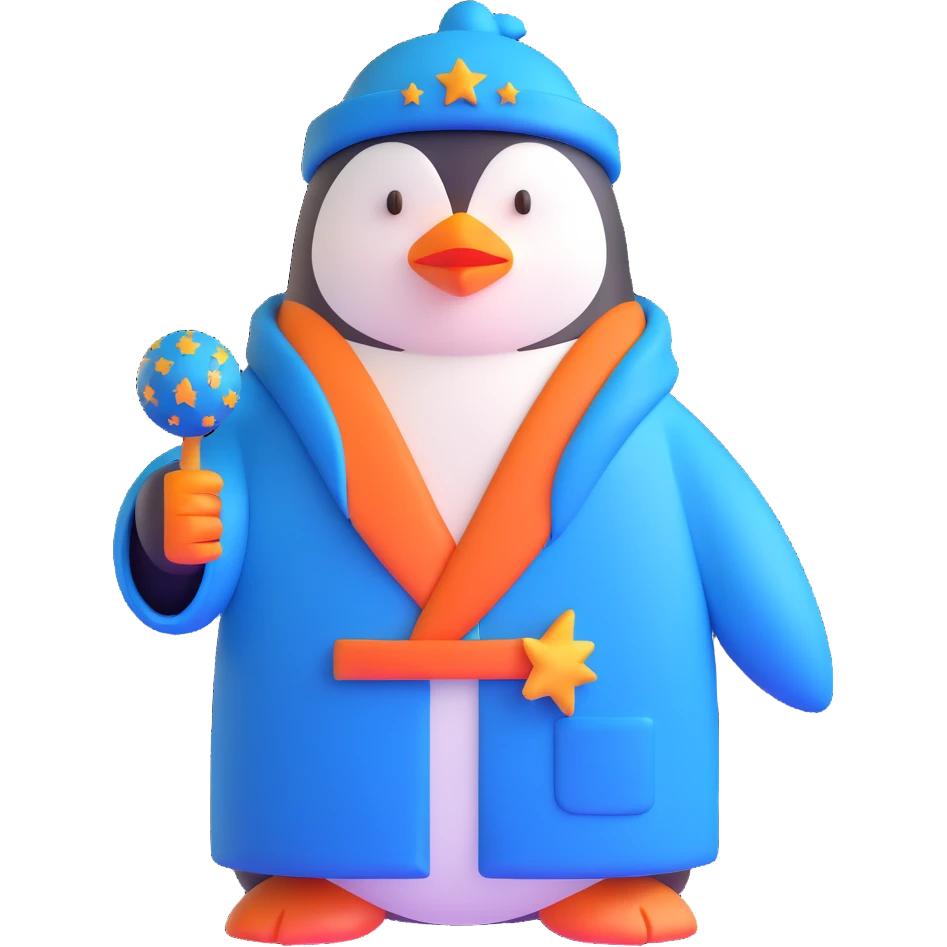 penguin wizard with a blue robe and starry hat emoji