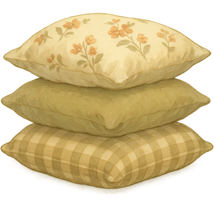 realistic stack of three pillows, floral, plain and gingham pillowcases, natural colors, soft, fairy-like atmosphere, no background, square size emoji