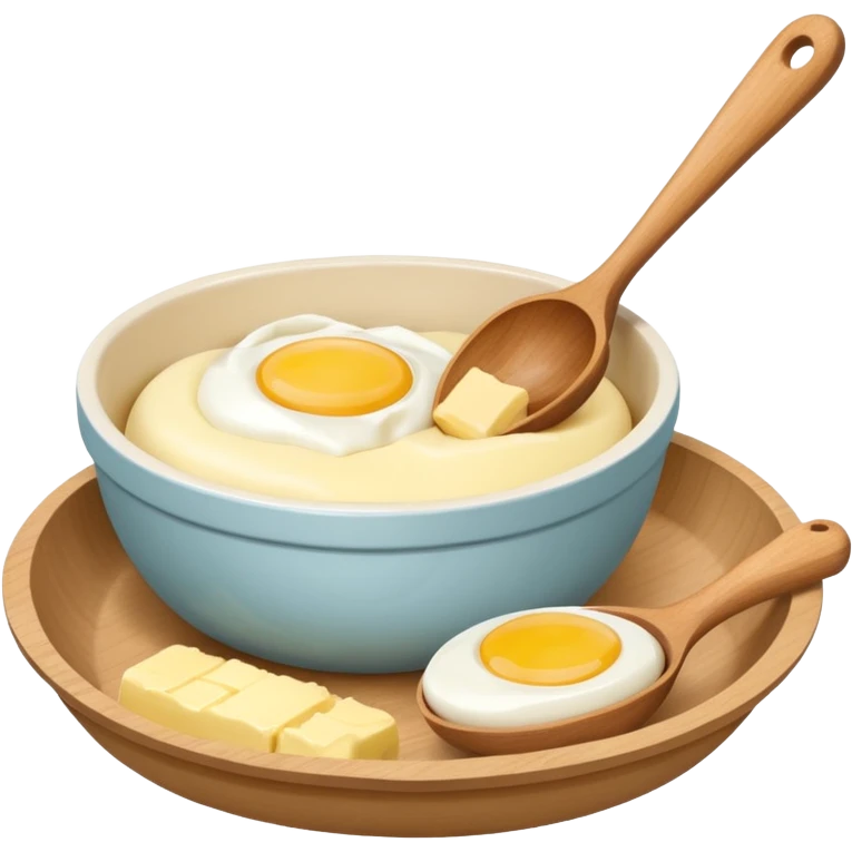 A cream ceramic baking bowl with a wooden spoon in it, next to it is a carton of eggs and butter emoji