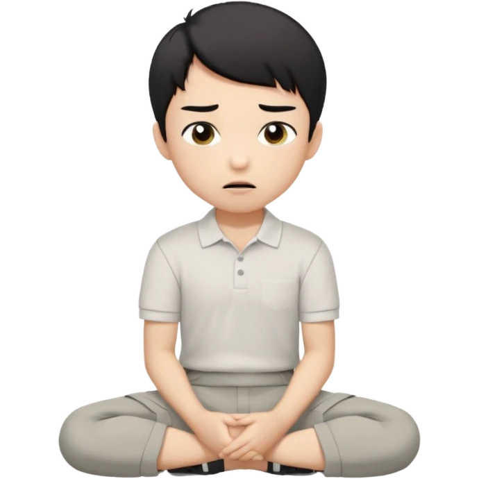 A cartoon young Asian boy with short black hair, light beige skin, and large expressive eyes, wearing a white polo shirt, gray pants, and black shoes. He sits cross-legged on the ground, one fist resting on his cheek, with a closed-mouth smirk. Clean lines, flat colors, solid black background. emoji