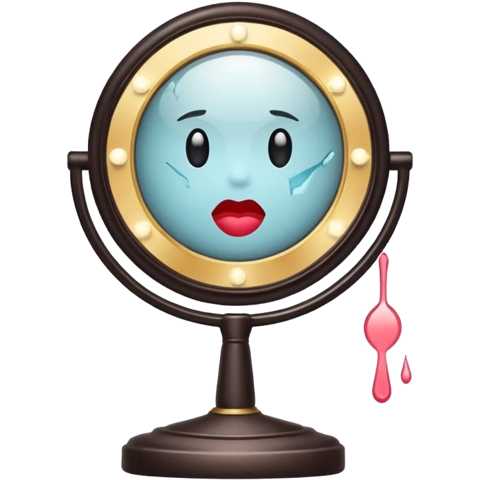 Minimalist emoji-style sticker of a vanity mirror with dim bulbs and cracked glass, words “Am I real yet?” smeared in dusty lipstick tone


 emoji