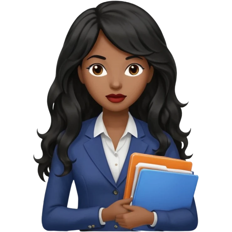A young woman with long black hair, a wavy frange falling on half of her head. There's a long wavy stretch of hair falling on the side of her head. She's black, medium to dark skinned with thick lips. She's holding folders, and she's a CEO, but she's wearing casual clothes. she has long eyelashes. emoji