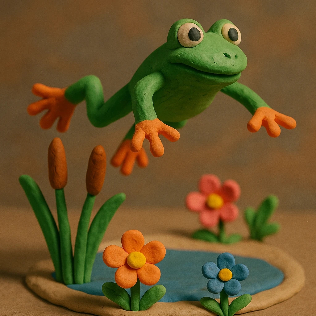 frog leaping above a pond with cattails and flowers, playful and colorful, claymation style emoji