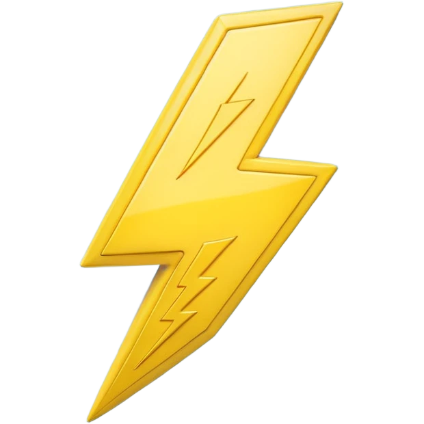 A cute 3D render icon of a lightning bolt shape. Rounded edges, plump and glossy yellow plastic material. Soft studio lighting, cheerful style. Isolated on a clean light blue gradient background. High quality, minimalist design isolated on a solid black background. emoji