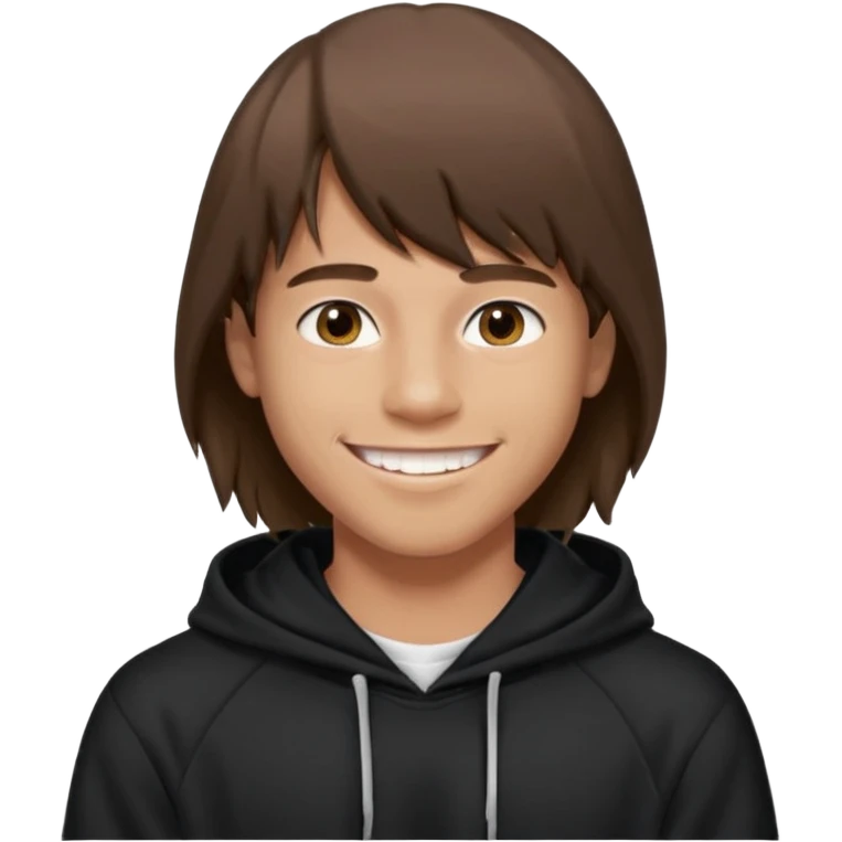 20 yr old man, brown hair, straight, big smile, white teeth, tanned skin, bangs, black hooded sweatshirt, long hair in back, center-parted bangs emoji