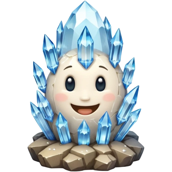 A single cute crystal rock character inspired by a clear quartz cluster, chunky round base with many tall transparent crystal spikes growing upward all around it with a face emoji
