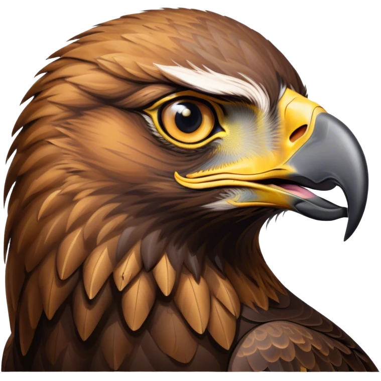 Cinematic Noble Golden Eagle Portrait Emoji, Poised and majestic, with a powerful, broad build, regal hooked beak, and piercing, intense eyes set against richly golden-brown plumage, Simplified yet sharp and sophisticated features, highly detailed, glowing with a soft, amber radiance, high shine, intelligent and commanding, stylized with an air of aerial supremacy, focused and determined, soft glowing outline, capturing the essence of a watchful and confident golden eagle that appears ready to soar out of the screen with effortless authority! emoji