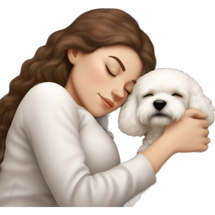 White girl brown hair sleeping with Mini Bichon emoji